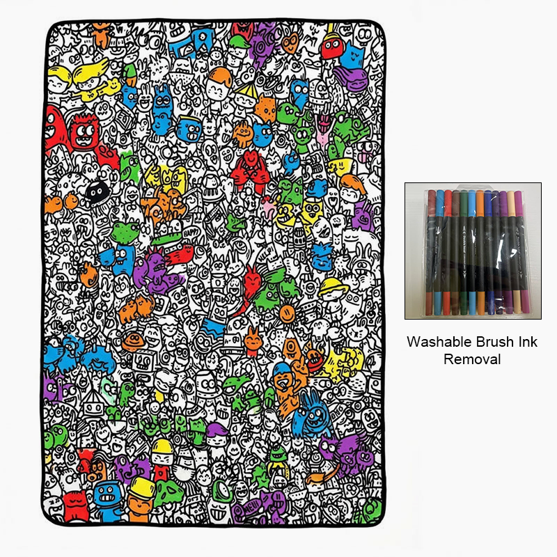 Black and white all-over cartoon graffiti blanket