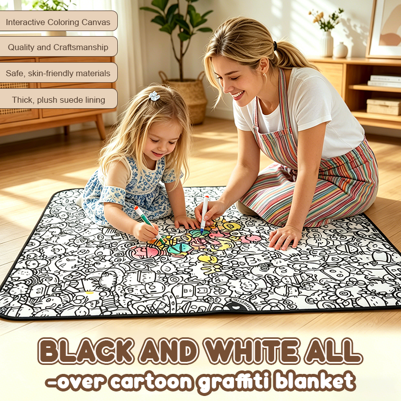 Black and white all-over cartoon graffiti blanket