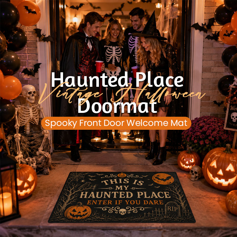 Vintage Halloween Haunted Place Doormat – Spooky Front Door Welcome Mat