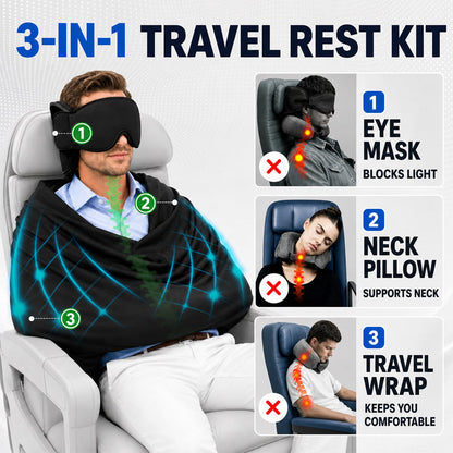 ✈️ 3-i-1 reisesett for søvn – Sovemaske, armstøtte og pute