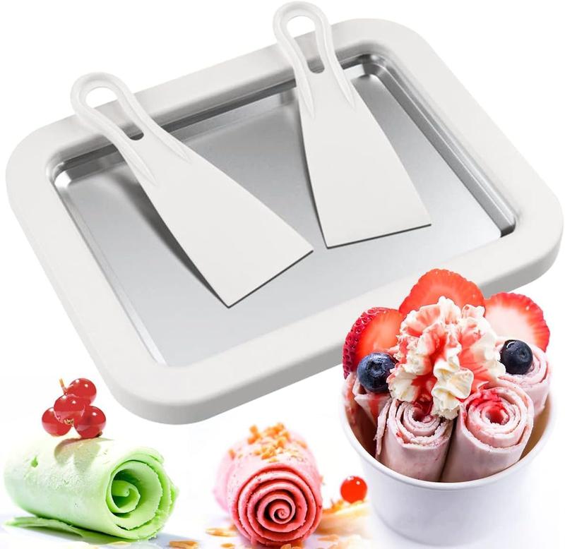 Manual Rolled Ice Cream Maker Tray Set – No-Electricity Frozen Dessert Pan with 2 Spatulas