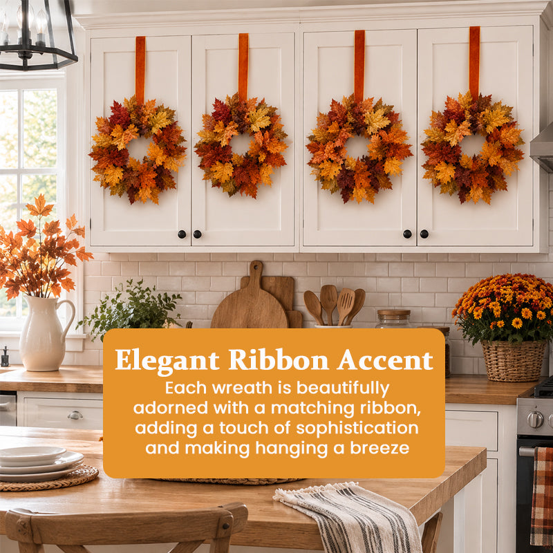 Autumn Maple Leaf Kitchen Cabinet Wreaths with Ribbon