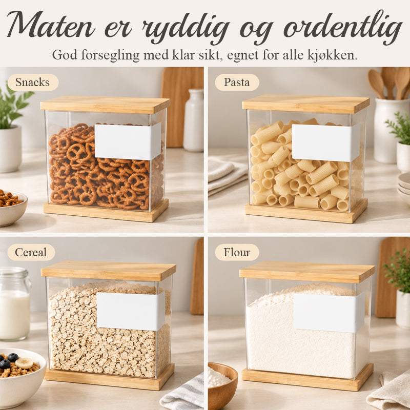 Kreativ og minimalistisk gjennomsiktig oppbevaringsboks for korn med trelokk