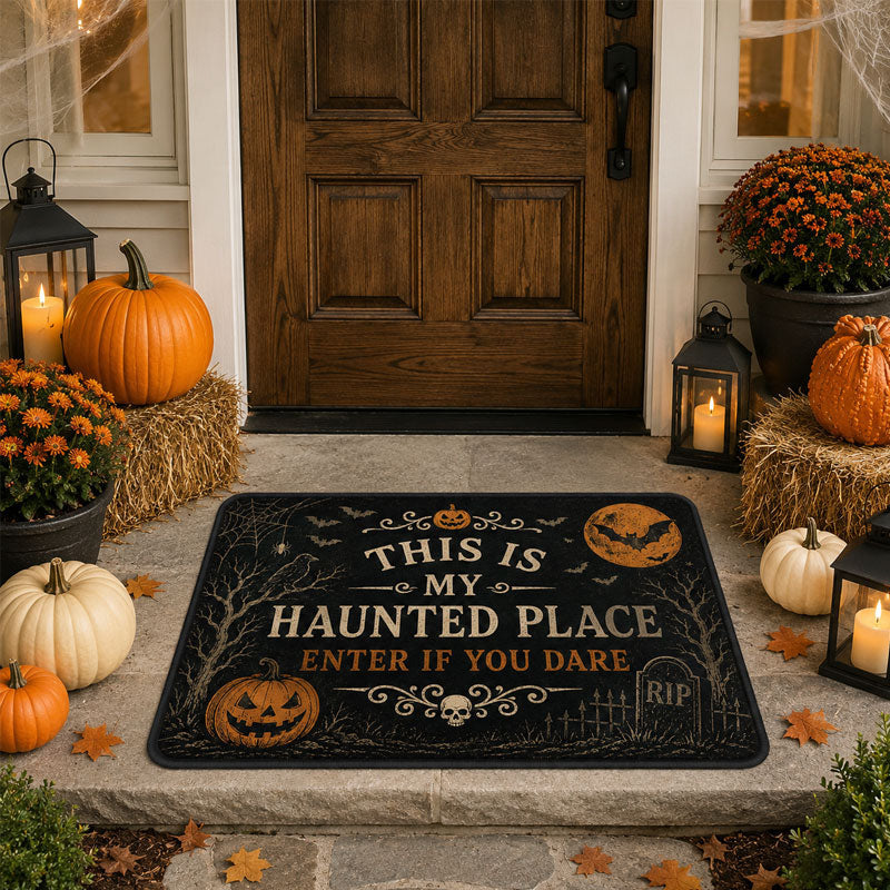Vintage Halloween Haunted Place Doormat – Spooky Front Door Welcome Mat