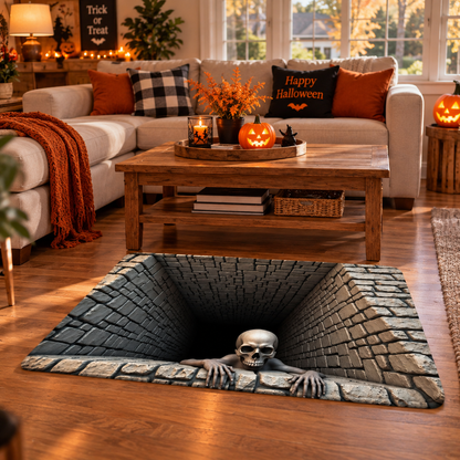 💀 Halloween 3D-skjelettteppe med illusjon av et dypt hull