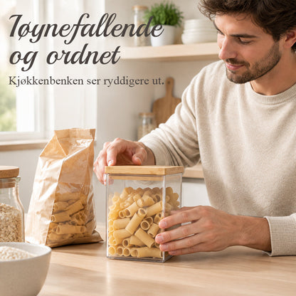Kreativ og minimalistisk gjennomsiktig oppbevaringsboks for korn med trelokk