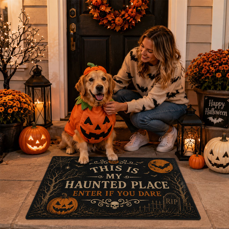 Vintage Halloween Haunted Place Doormat – Spooky Front Door Welcome Mat