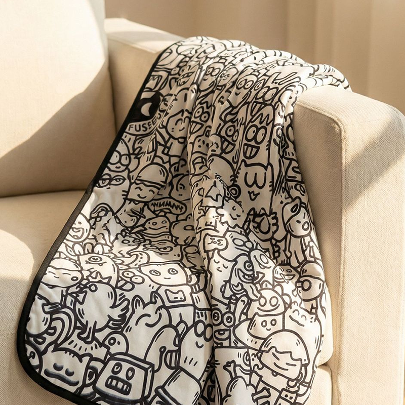 Black and white all-over cartoon graffiti blanket