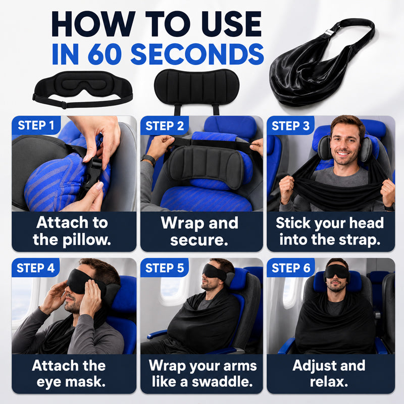 ✈️ 3-i-1 reisesett for søvn – Sovemaske, armstøtte og pute
