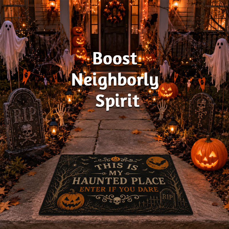 Vintage Halloween Haunted Place Doormat – Spooky Front Door Welcome Mat