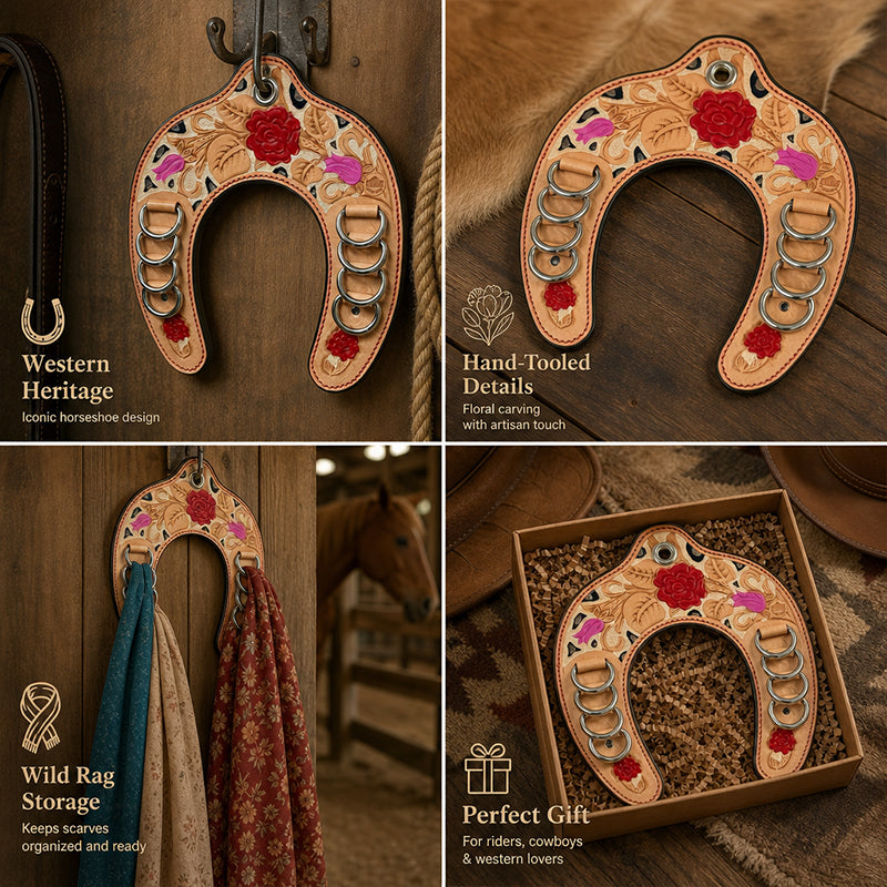 Handcrafted Leather Horseshoe Wild Rag Holder | Western Scarf & Bandana Organizer