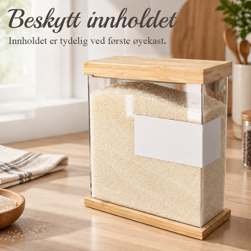 Kreativ og minimalistisk gjennomsiktig oppbevaringsboks for korn med trelokk