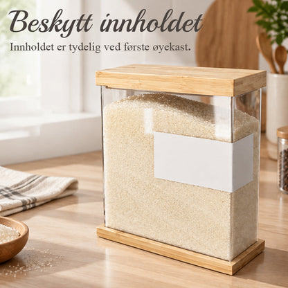 Kreativ og minimalistisk gjennomsiktig oppbevaringsboks for korn med trelokk