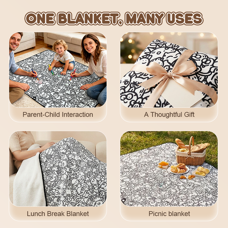Black and white all-over cartoon graffiti blanket