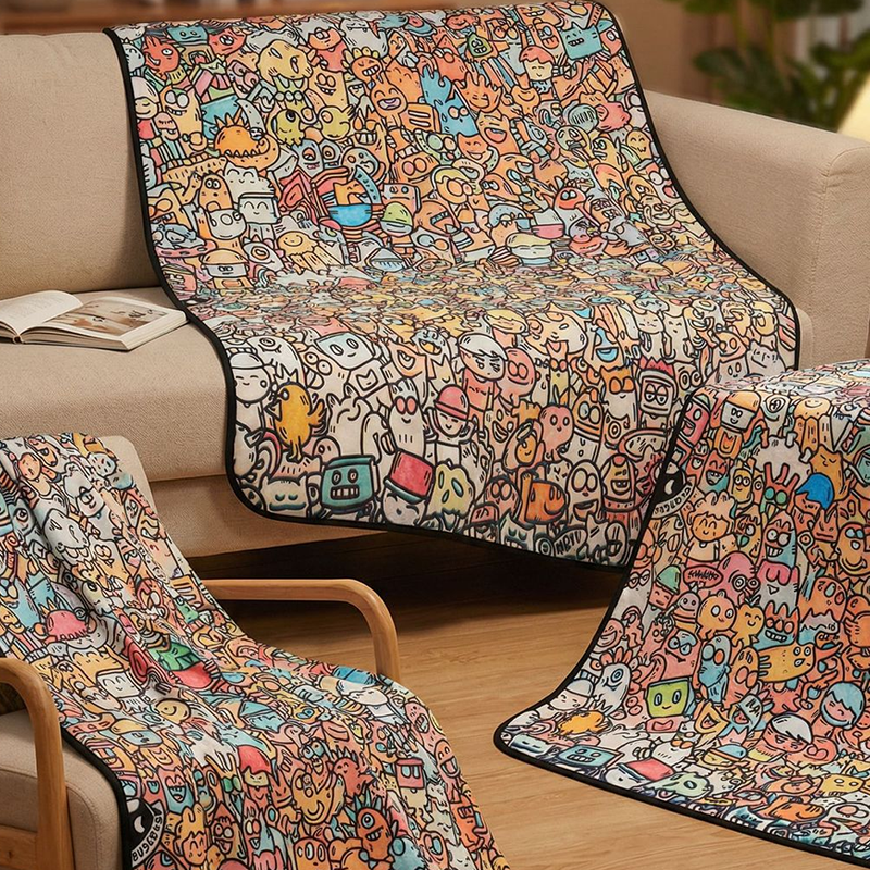 Black and white all-over cartoon graffiti blanket