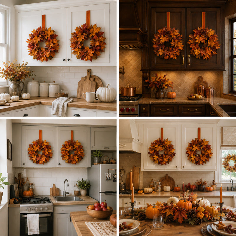 Autumn Maple Leaf Kitchen Cabinet Wreaths with Ribbon