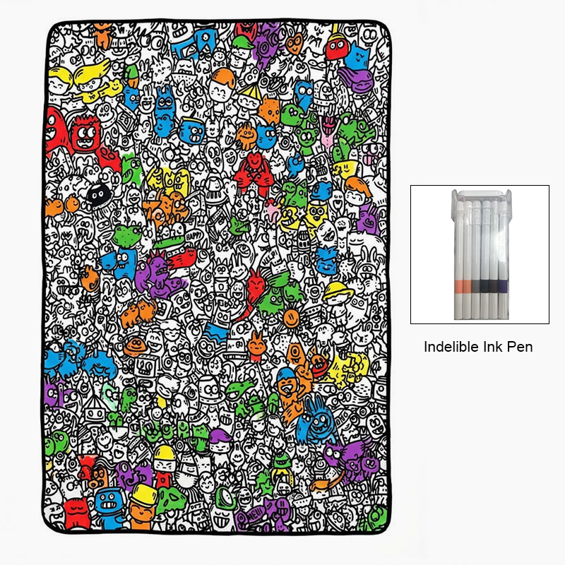 Black and white all-over cartoon graffiti blanket