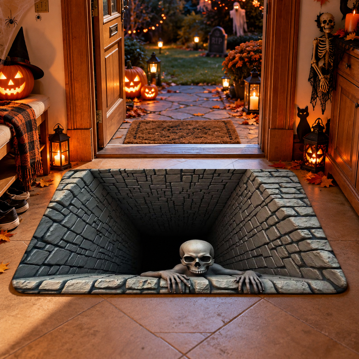 💀 Halloween 3D-skjelettteppe med illusjon av et dypt hull