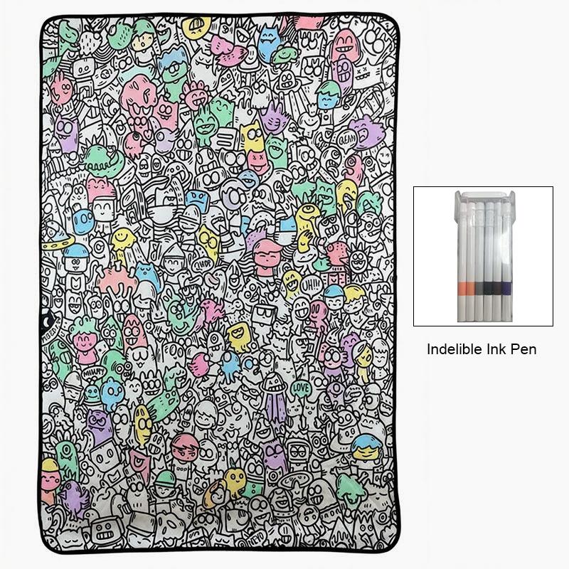 Black and white all-over cartoon graffiti blanket