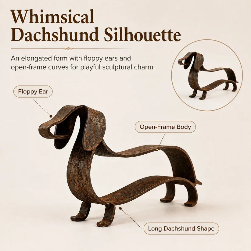 Rustikk metallskulptur av dachshund
