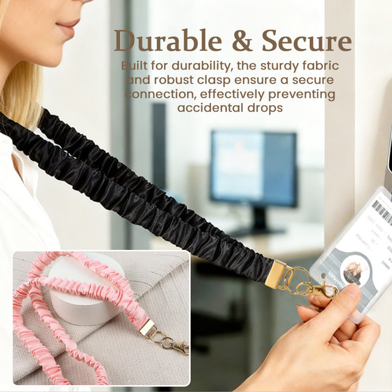 Handmade Pleated Fabric Phone Lanyard with Metal Clasp - Long Neck Strap & Decorative Chain